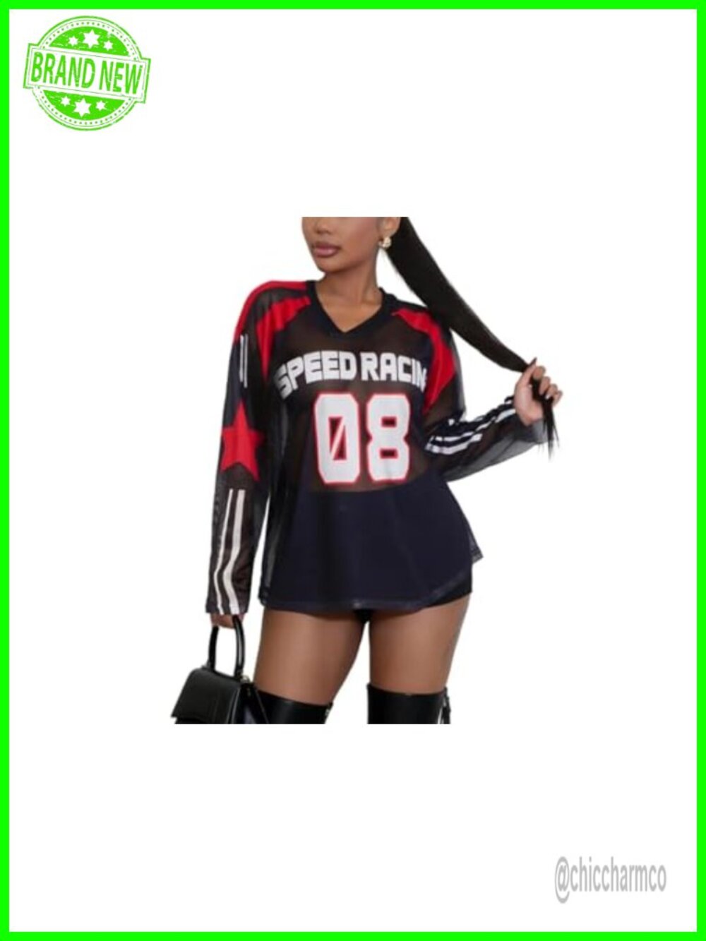 Women Sheer Mesh Graphic Top V-Neck Long Sleeve Streetwear